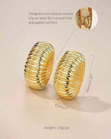 Large Gold Chunky Clip on Statement Earrings for Women, Bold Handmade Exaggerated Trendy Seashell Ribbed Jewelry Gifts, Curved Half Circle Textured Summer Beach Fashion Earrings Accessories, Big Vintage Irregular Hammered Thick Circular Nickle Free Cuff H in Saudi Arabia