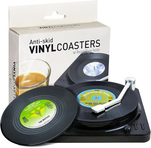 Funny Retro Record Coasters for Drinks with Vinyl Player Holder for Music Lovers,Set of 6 Conversation Piece Sayings Drink Coaster,Housewarming Hostess Wedding Registry Gift Ideas in Kuwait