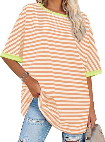 Tankaneo Womens Oversized Striped Tee Shirt Summer Casual Color Block Half Sleeve Crew Neck Tunic Tops in Saudi Arabia