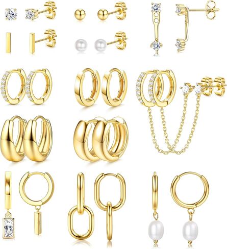 BESTEEL 13 زوجًا من الأقراط الذهبية الصغيرة للنساء، مطلية بالذهب عيار 14 قيراط خفيفة الوزن، أقراط هوجي لا تسبب الحساسية، لؤلؤ أنيق للهدايا in Kuwait