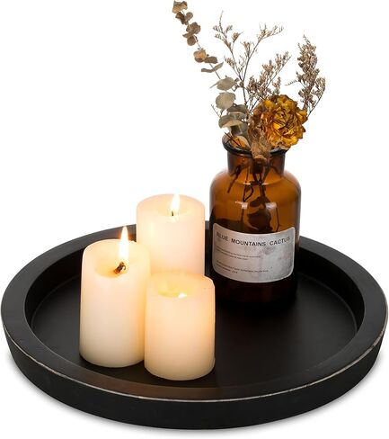 Hanobe Candle Holder Tray Decor: Round Black Coffee Table Decorative Tray for Home Decor - Farmhouse Wood Plate Circle Display for Living Room Kitchen Centerpiece in Kuwait
