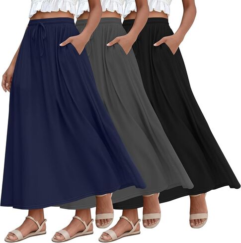Ficerd 3 Pack Tarts Maxi Long Traints ، طول الكاحل خط مرونة عالية الخصر الصيف تنانير الرباط غير الرسمية مع جيوب in Kuwait