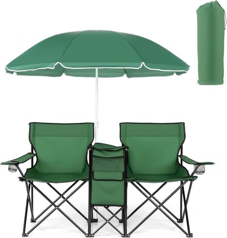 كرسي التخييم المزدوج ، كرسي شاطئ محمول شخصان مع مظلة قابلة للإزالة ، حاملي الكؤوس وحقيبة حمل ، كراسي محبة للبالغين في الهواء الطلق (الأزرق) in Kuwait