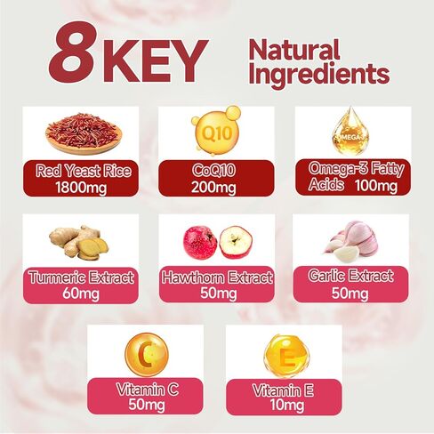 ريد الخميرة رايس 1800mg & coq10 200mg gummies ، 8-in-1 خالية من السكر مع أوميغا 3 ، هاوثورن ، القلب والكوليسترول الدعم-60 gummies in Kuwait