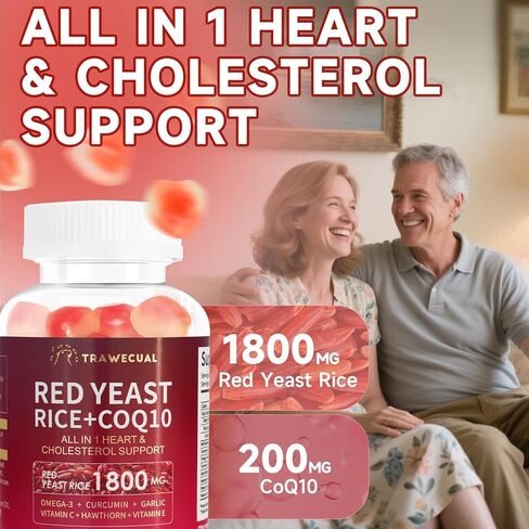 ريد الخميرة رايس 1800mg & coq10 200mg gummies ، 8-in-1 خالية من السكر مع أوميغا 3 ، هاوثورن ، القلب والكوليسترول الدعم-60 gummies in Kuwait