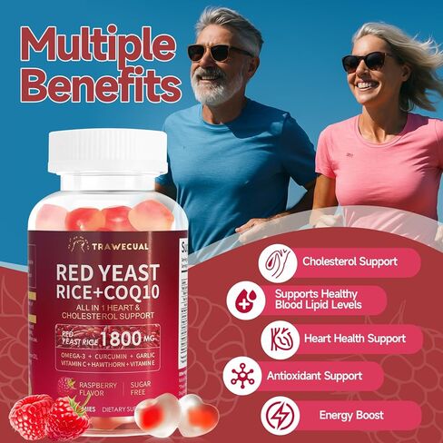 ريد الخميرة رايس 1800mg & coq10 200mg gummies ، 8-in-1 خالية من السكر مع أوميغا 3 ، هاوثورن ، القلب والكوليسترول الدعم-60 gummies in Kuwait