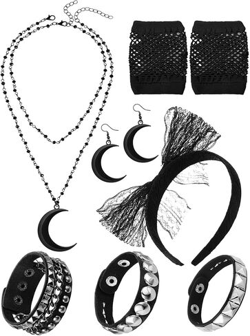 7 Pcs 80s Women Costume Accessories Leather Punk Bracelets Adjustable Black Cross Necklace Lace Headband Fishnet Gloves in Saudi Arabia