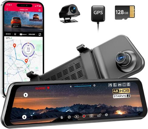 12" Mirror Dash Cam, 4K UHD Front and 2.5K Rear View Dash Camera for Car, with ADAS BSD LCA Smart Mode, GPS, G-Sensor, Loop Recording, Parking Monitor, Voice Control, 5.8GHz WiFi in Kuwait
