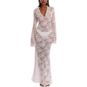 SHENHE Women's Black Floral Lace Mesh Maxi Dress Sheer Sexy Vintage Long Sleeve Bodycon Dresses in Kuwait