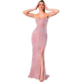Velvet Sequin Formal Women's Evening Dress Strapless Front Split Prom Gown in Kuwait