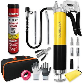 15 Pcs Versatile Grease Gun Kit,7000 PSI Leak-Proof Spray Grease Gun with 14oz Capacity,18" Spring Hose,Double Handle Nozzle,Coupler,Teflon Tape and Other Accessories,Yellow in Saudi Arabia