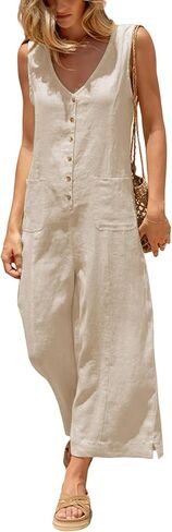 Yeokou Women Button Down Jumpsuits Cotton Linen Sleeveless Casual Wide Legs Rompers Loose Overall with Pockets in Saudi Arabia