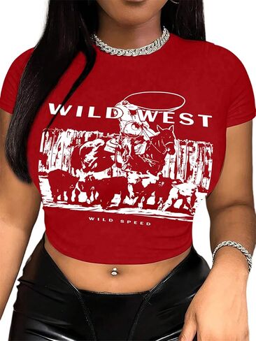 Hilinker Women's Graphic Crops Tops Short Sleeve T Shirts Summer Sexy Crew Neck Tees in Saudi Arabia