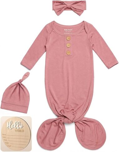 Baby Noah Newborn Knotted Gown, Ultra-Soft Silky Long Sleeve Sleeper, Unisex Coming Home Outfit Set With Wooden Name Sign in Kuwait