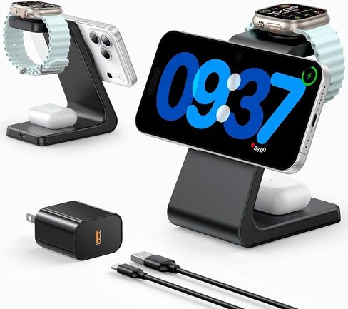 3 في 1 محطة شحن لاسلكية لشاحن Apple Mag Safe ، 15W Fast Mag-sharger Stand متوافق مع iPhone 17 16 15 14 13 12 ، Apple Watch Charger & Airpods ، هدايا للزوجة والزوج ، وايت in Kuwait