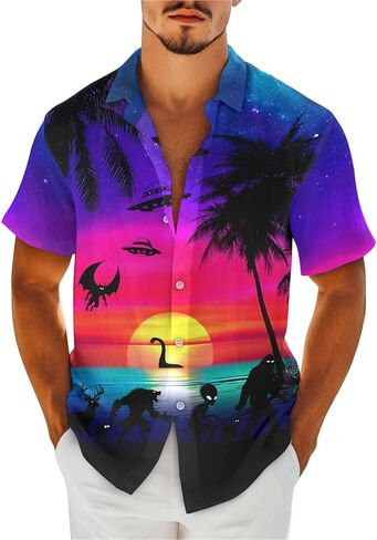 قمصان Huntfami للرجال القصيرة القصيرة لأسفل القمصان الصيفية غير الرسمية قميص هاواي للرجال in Kuwait