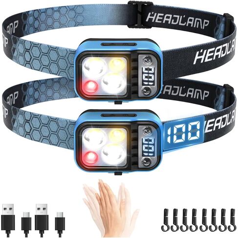 DARKDAWN Headlamp Rechargeable LED, 5 Modes USB C Headband Flashlight with Motion Sensor，Digital Power Display，Up/Down Adjustable, for Camping, Car Repairing,1PCS in Kuwait