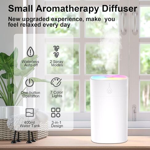 Small Essential Oil Diffuser for Home, 400ml Quiet Aromatherapy Diffuser Humidifier with Color Light & Auto-Off, USB Mini Portable Diffusers Humidifiers, 20dB Bass Work for Bedroom Car Office Yoga in Saudi Arabia