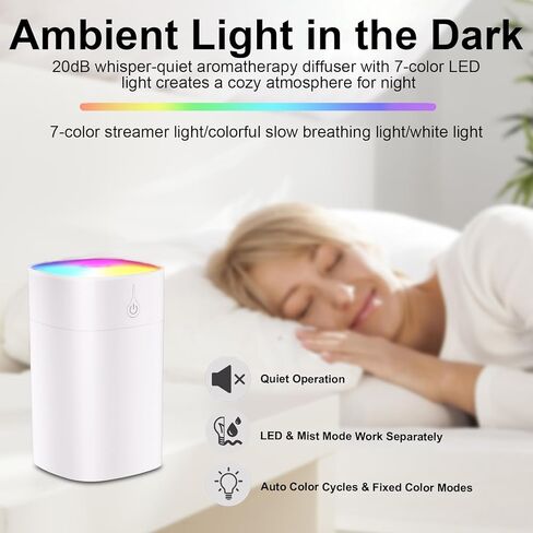 Small Essential Oil Diffuser for Home, 400ml Quiet Aromatherapy Diffuser Humidifier with Color Light & Auto-Off, USB Mini Portable Diffusers Humidifiers, 20dB Bass Work for Bedroom Car Office Yoga in Saudi Arabia