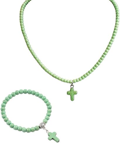 Natural Stone Cross Necklace for Women Boho Turquoise Beaded Chain Necklace Dainty Small Cross Pendant Necklace Christmas Jewelry Gift in Kuwait