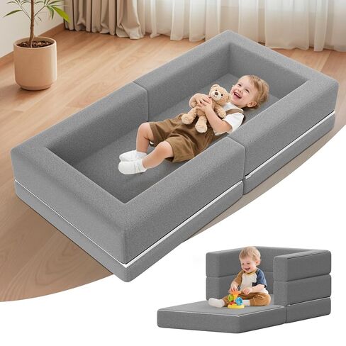 Portable Toddler Travel Bed: Foldable & Soft - 3-in-1 Convertible Portable Folding Floor Bed with Washable Cloth Cover - Ideal for Vacation,Camping and Sleepover（Grey） in Kuwait