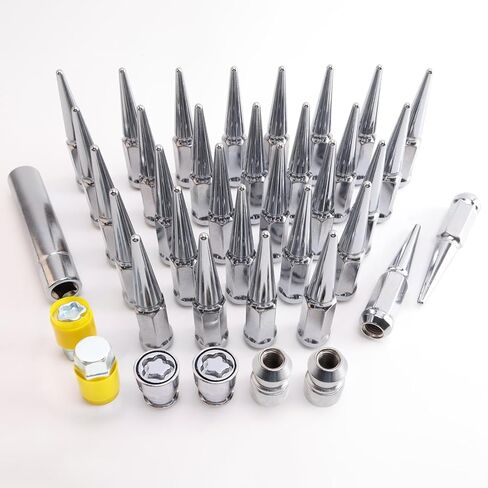 M14 x 1.5mm Wheel Locks, Fit for Ram 1500, Ram 2500, Ram 3500, F-150, F-250, F-350, Expedition, Wheel Locks Set, 4 Locking Lug Nuts 2 Pcs Key with 32Pcs Spike Lug Nuts+1 Key, Chrome in Kuwait