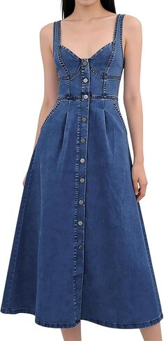 utcoco Denim Dress for Women Sleeveless Button Down Slim Fit Midi Jean Dresses for Women 2025 in Saudi Arabia