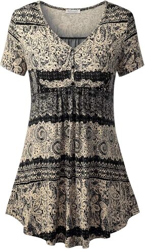 BAISHENGGT Women's V Neck Short Sleeve Buttons Pleated Flared Tunic Tops Grey - Peony XXL in Saudi Arabia