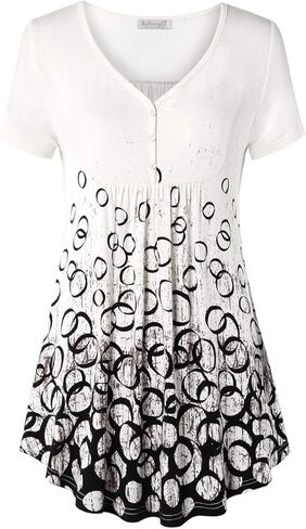 BAISHENGGT Women's V Neck Short Sleeve Buttons Pleated Flared Tunic Tops Grey - Peony XXL in Saudi Arabia