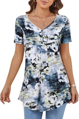 BAISHENGGT Women's V Neck Short Sleeve Buttons Pleated Flared Tunic Tops Grey - Peony XXL in Saudi Arabia