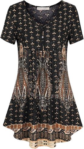 BAISHENGGT Women's V Neck Short Sleeve Buttons Pleated Flared Tunic Tops Grey - Peony XXL in Saudi Arabia