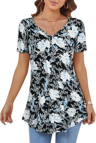 BAISHENGGT Women's V Neck Short Sleeve Buttons Pleated Flared Tunic Tops Grey - Peony XXL in Saudi Arabia