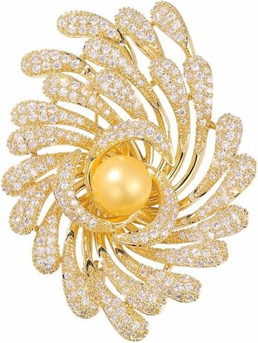 Elegant Gold Sparkle Pearl Brooch for Women, Vintage Rhinestone Crystal Flower Jewelry Pin for Blouse Dress Hat Decoration in Saudi Arabia