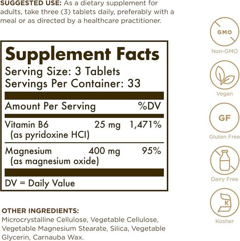 Magnesium Solgar مع فيتامين B6 - 100 قرص - يعزز تمعدن العظام الصحي ، ويدعم وظيفة الأعصاب والعضلات - غير المعدلة وراثيا ، خالية من الغلوتين ، خالية من الألبان ، كوشير - 33 حصص in Saudi Arabia