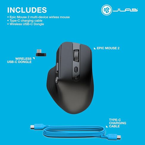 JLab Epic Wireless Mouse 2 ، الاتصال عبر Bluetooth أو USB Wireless Dongle ، تبديل متعدد الأجهزة ، حتى 3 أجهزة ، ملفات تعريف المستخدمين المخصصة ، تتبع قابل للتعديل ، الحجم الكامل ، (حزمة واحدة) in Kuwait