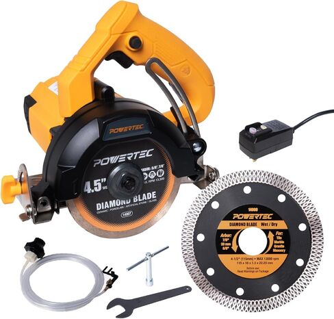 POWERTEC 4.5 "منشار البلاط باليد-12AMP/1400W محرك ، قطع رطب/جاف مع نظام تغذية ماء قابل للتعديل ، قابس GFCI ، تعديل المائل والعمق ، متوافق مع شفرات الماس 4" -4.5 "(HTS1045) in Kuwait
