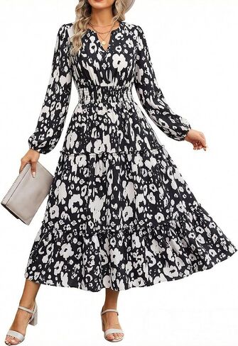 GRACE KARIN Women Floral Maxi Dress,2025 Fall Long Sleeve Casual Dresses,V Neck Boho Flowy Elegant Dress with Pockets in Saudi Arabia