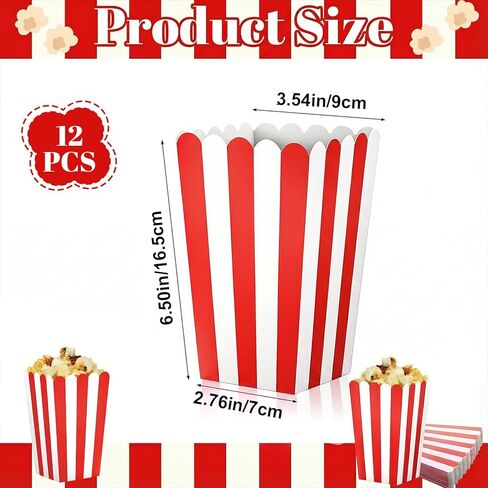 12 Pcs Paper Popcorn Boxes, Striped Popcorn Bags Decorative Containers Puffed Rice Bowl Buckets for Birthday Party Favor, Movie Nights, Party Favors, and Carnival Themed Events, Red and White in Saudi Arabia