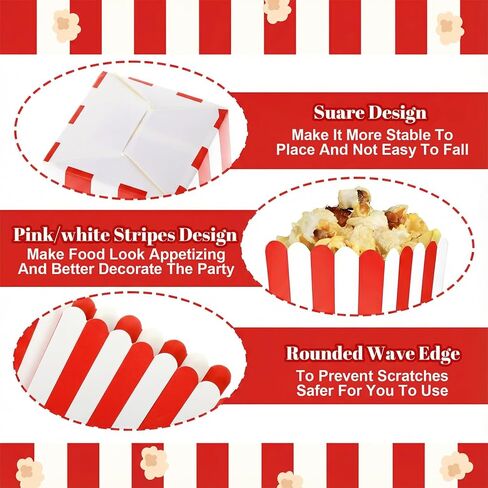 12 Pcs Paper Popcorn Boxes, Striped Popcorn Bags Decorative Containers Puffed Rice Bowl Buckets for Birthday Party Favor, Movie Nights, Party Favors, and Carnival Themed Events, Red and White in Saudi Arabia