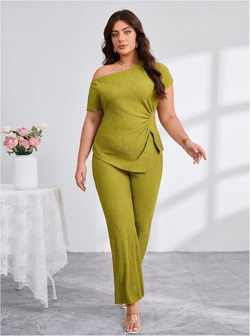 WDIRARA Women's Plus Size 2 Piece Outfits One Shoulder Asymmetrical Short Sleeve Shirt and Flare Pants Set in Saudi Arabia