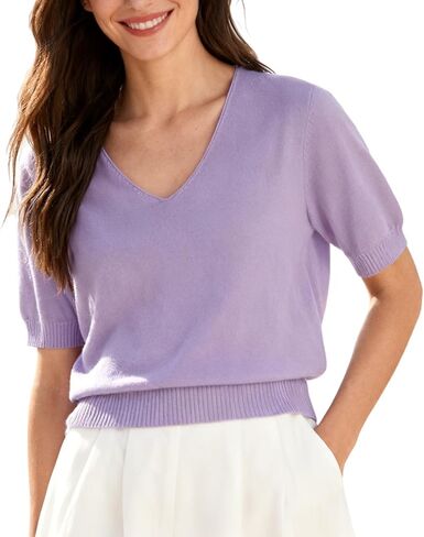 SANGTREE Women's Short Sleeve Sweaters Tops Solid V Neck Knit Casual Soft Pullover in Kuwait