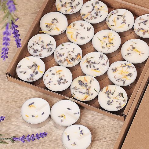 شموع خزامية معطرة شموع تيلايت 16 حزمة-4 ساعات شمع الشمع الأبيض ، شمعة الشاي المجففة للزهرة المجففة (خالية من البارافين) ، شموع نذرية للمنزل/اليوغا/الحمام/التأمل in Kuwait