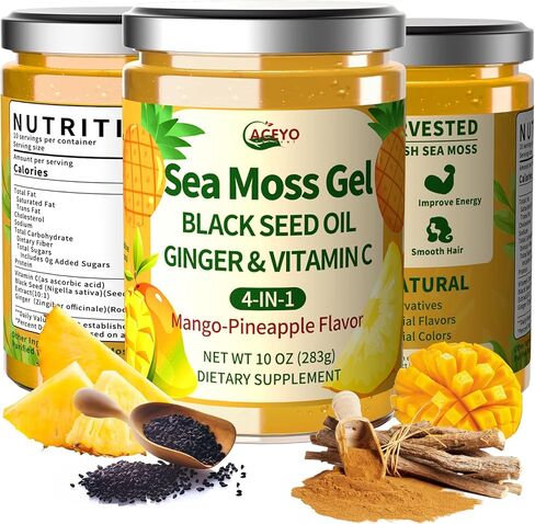 Aceyo Sea Moss Gel - Moss Sea Sea Wildcrafted مع زيت البذور الأسود والزنجبيل ، الغني بالمعادن والفيتامينات ، والمناعة والدعم الصحي ، غير المعدلة وراثيا ، نباتي ، نكهة الأناناس المانجو ، 10 أوقية (حزمة 1) in Kuwait