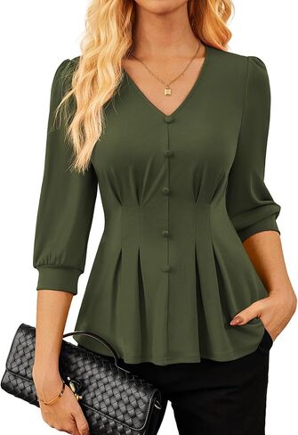 غريس كارين 2025 قمم المرأة السقوط بلوزة Peplum V الرقبة 3/4 كم من القمصان التجارية غير الرسمية ملابس عصرية in Kuwait