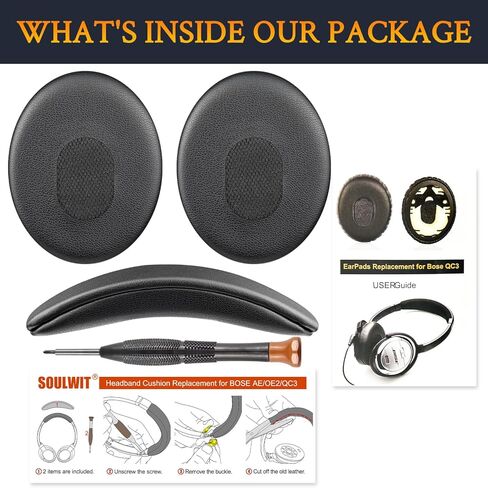 وسائد أذن Soulwit + لوحة رأس ، مجموعة بديلة لسماعات Bose QuietComfort 3 (QC3) (لا تتناسب مع OE1) - أسود in Saudi Arabia