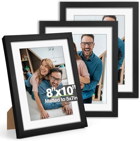 مجموعة إطار صورة 8x10 من 3 ، عرض الصور 5x7 مع حصيرة أو 8x10 بدون حصيرة ، إطارات الصور لتركيب الجدار أو شاشة أعلى الجدول ، أسود in Kuwait