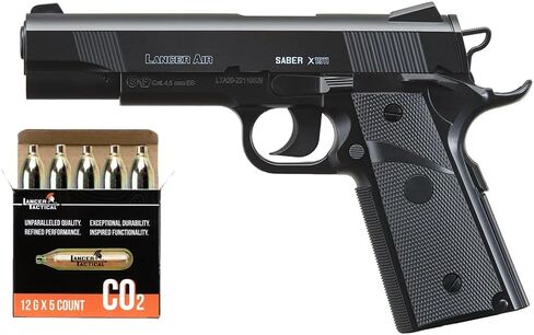 مسدس الهواء التكتيكي لانسر Sabre X1911 CO2 Airgun Pistol-480 FPS مع ضغط عالي 12 جرام وحقيبة من المعدن BBS in Kuwait