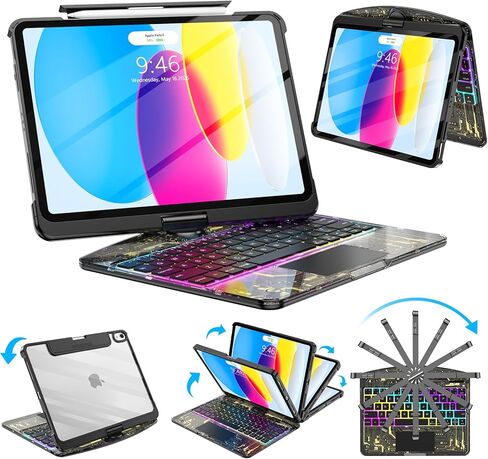 حالة لوحة مفاتيح Sibeitu لـ iPad A16 11th Gen 11 "2025 و 10th Gen 10.9" 2022 ، غطاء حماية لوحة المفاتيح اللاسلكية الصافية مع لوحة تتبع متعددة اللمس ، والإضاءة الخلفية 7-Color و 3-brightness ، 360 Rotatable ، Black in Kuwait