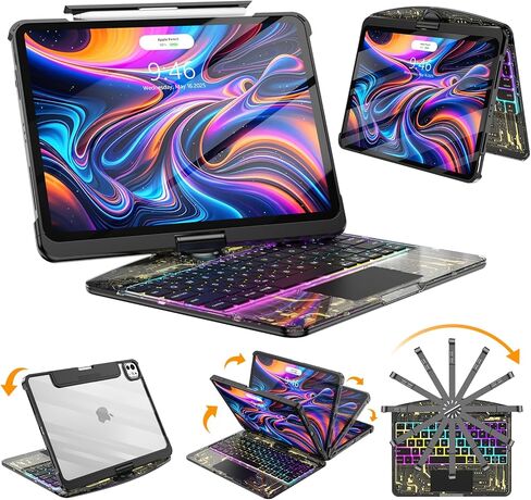 حالة لوحة مفاتيح Sibeitu لـ iPad A16 11th Gen 11 "2025 و 10th Gen 10.9" 2022 ، غطاء حماية لوحة المفاتيح اللاسلكية الصافية مع لوحة تتبع متعددة اللمس ، والإضاءة الخلفية 7-Color و 3-brightness ، 360 Rotatable ، Black in Kuwait