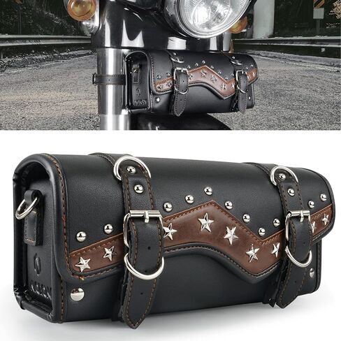 NICECNC دراجة نارية شوكة حقيبة المقود حقيبة، نجمة برشام نمط خمر بو الجلود خطوط جلد البقر الكلاسيكية، مقاوم للماء العالمي دراجة نارية أداة تخزين حقيبة سيسي بار الجانب الذيل الإطار حقيبة، أسود in Kuwait